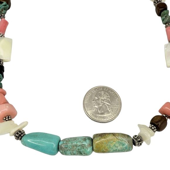925 Sterling Silver Turquoise Necklace 18.5"   Beaded Coral Accents - Picture 9 of 14